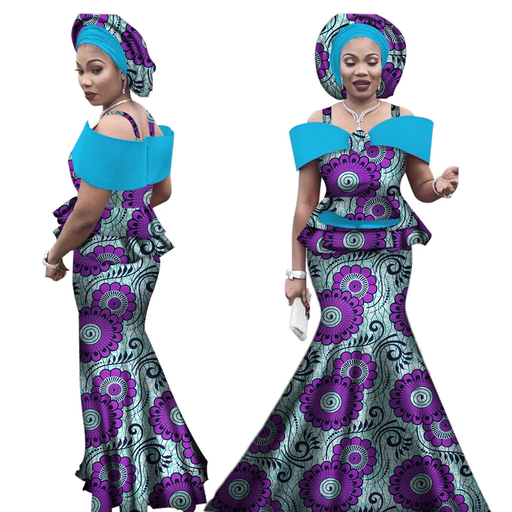African Outfits with Headtie for Women Dashiki Bazin Print Strap Tops and Long Skirts Women Set African Clothing WY3113