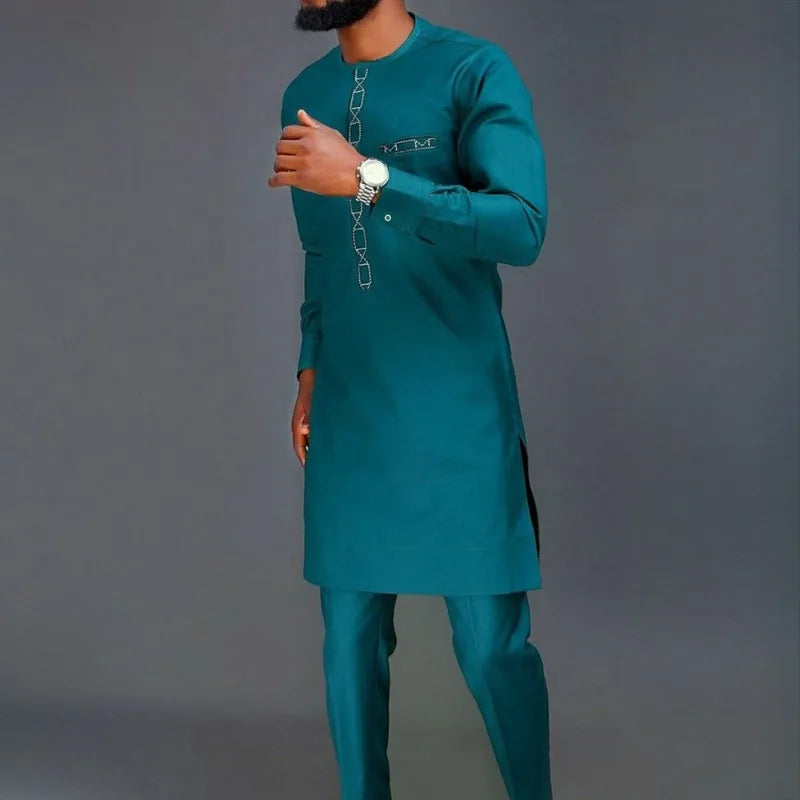 Costume de mariage traditionnel africain musulman pour homme, ensemble 2 pièces, haut à col rond à manches longues et pantalon, tenue formelle pour le marié118
