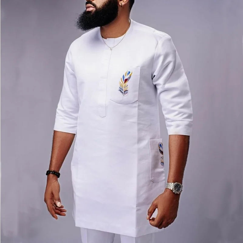 Costume de mariage traditionnel africain musulman pour homme, ensemble 2 pièces, haut à col rond à manches longues et pantalon, tenue formelle pour le marié118