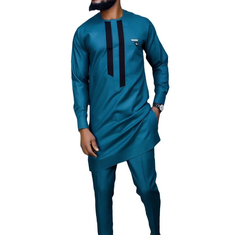 Ensemble 2 pièces ethnique africain pour hommes, décontracté, manches longues, couleur unie, chemise et pantalon, confortable, vêtements de détente, nouvelle collection automne 2024