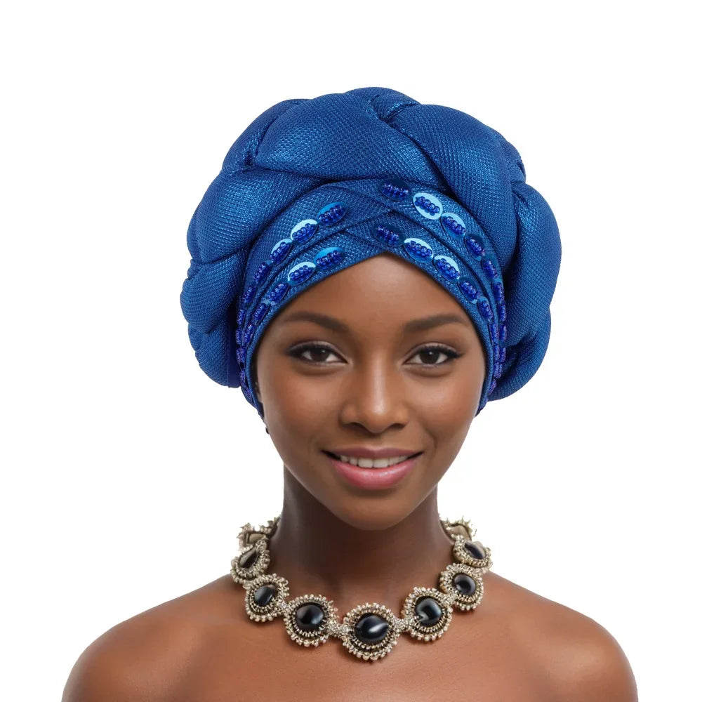 Auto Gele-Turban Africain pour Femme Musulmane, Cravate de Sauna, Chapeau Rond Plissé, Hijab Aso Oke NigWin, Foulard de Tête