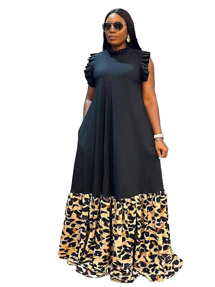 Long African Maxi Dress Women Leopard Print Patchwork Robes Africa Clothing Summer New Fashion Streetwear African Dress Vestidos