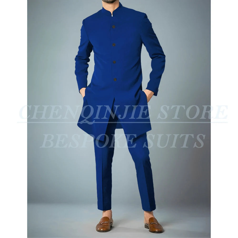 Costumes africains à simple boutonnage pour hommes, vêtements masculins de haute qualité, veste et pantalon, coupe couvertes, revers debout, bleu marine, tenues 2 pièces