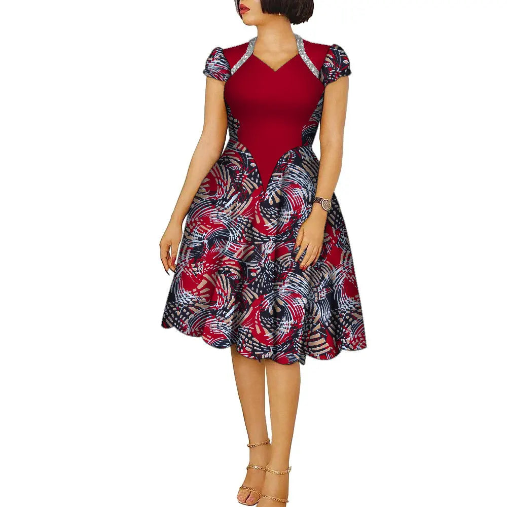 African Dresses for Women Ankara Fashion Patchwork Knee Length Pleated Lady Dresses Vintage Maxi Women V-neck Dress WY9273
