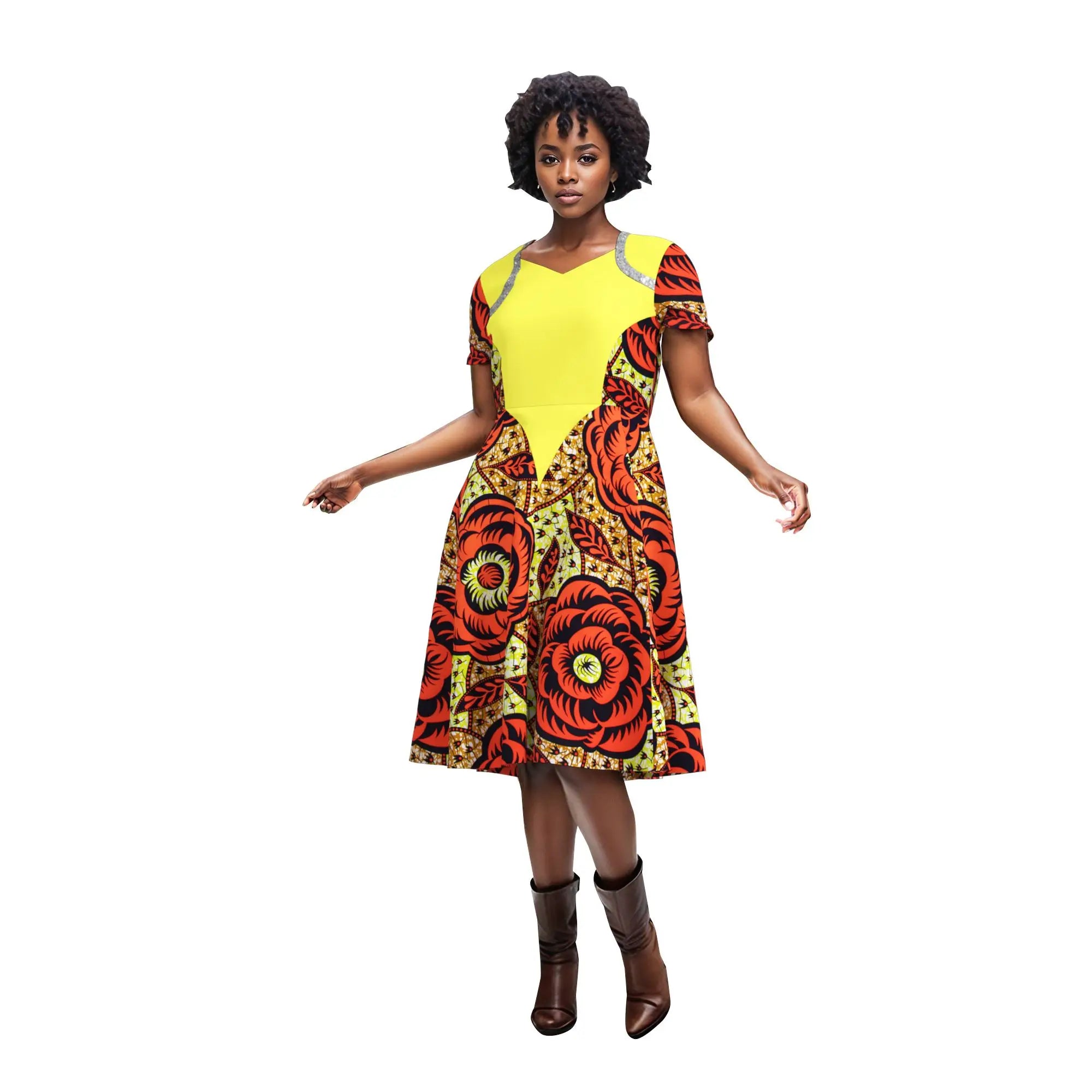 African Dresses for Women Ankara Fashion Patchwork Knee Length Pleated Lady Dresses Vintage Maxi Women V-neck Dress WY9273