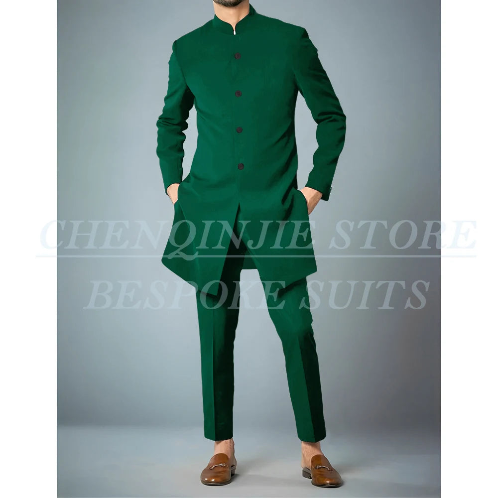 Costumes africains à simple boutonnage pour hommes, vêtements masculins de haute qualité, veste et pantalon, coupe couvertes, revers debout, bleu marine, tenues 2 pièces
