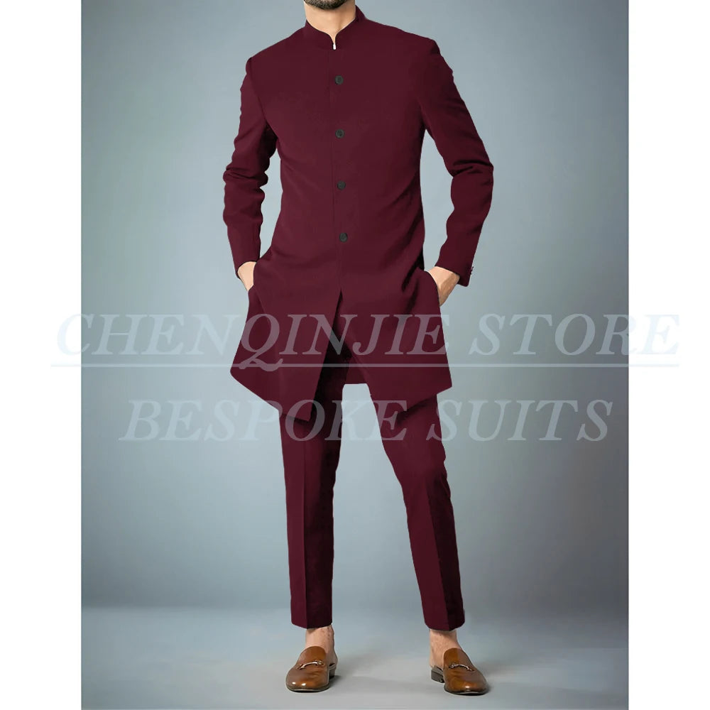 Costumes africains à simple boutonnage pour hommes, vêtements masculins de haute qualité, veste et pantalon, coupe couvertes, revers debout, bleu marine, tenues 2 pièces