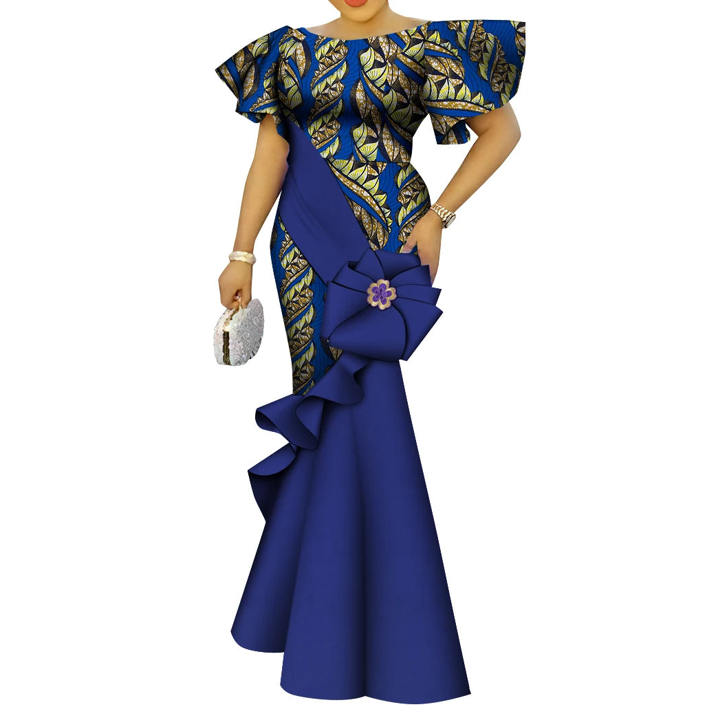 African Women's Dress Elegant Ladies Evening Gowns Ankara Long Robes Flower Dresses Vestidos Church Dresses for Women WY9498