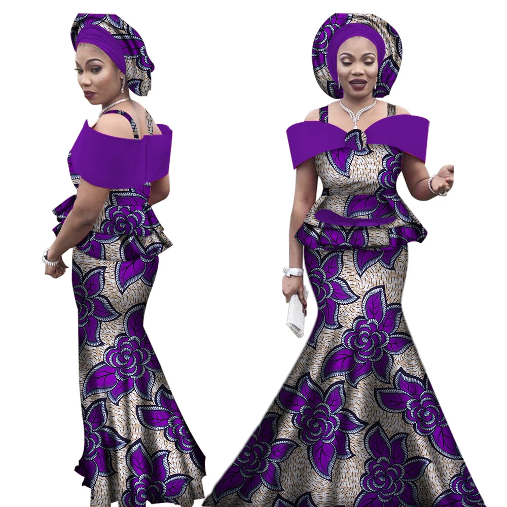 African Outfits with Headtie for Women Dashiki Bazin Print Strap Tops and Long Skirts Women Set African Clothing WY3113