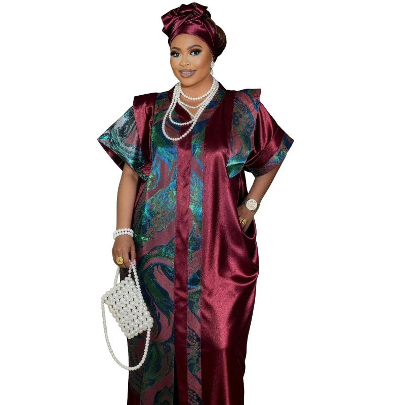 African Women Kaftan Loose Fit Jacquard Satin Fabric Waist Tie Maxi Dress Plus Size