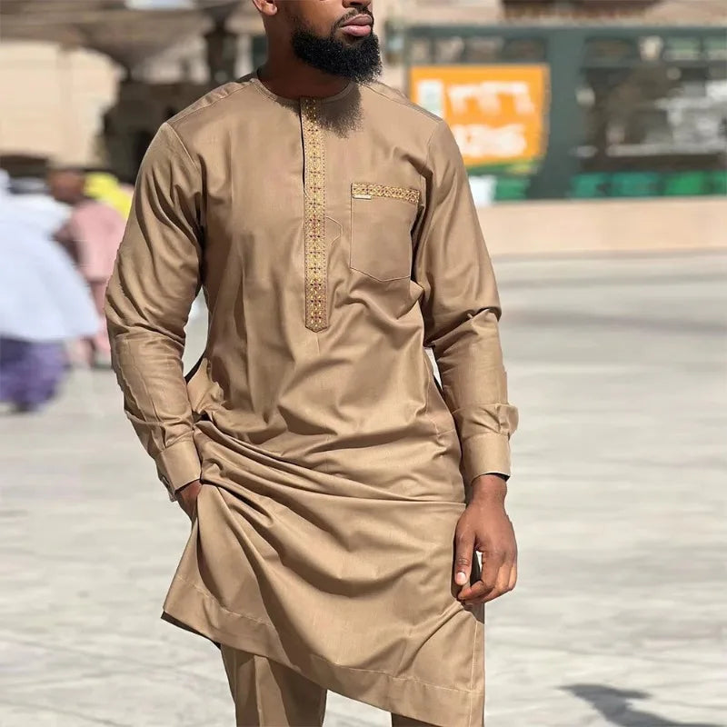 Costume de mariage traditionnel africain musulman pour homme, ensemble 2 pièces, haut à col rond à manches longues et pantalon, tenue formelle pour le marié118