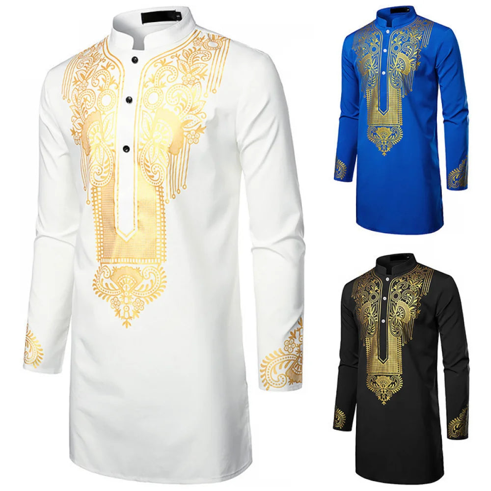 Chemise africaine traditionnelle pour hommes, imprimé fleurs dorées, chemise à manches longues, tenues ethniques décontractées, Streetwear africain de mariage