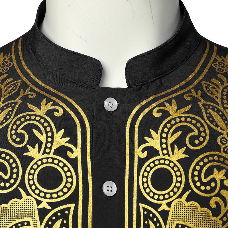 Abaya islamique arabe pour hommes Robe imprimé ethnique col montant chemise mi-longue pour jeunes manteau de luxe vêtements décontractés pour hommes musulmans à la mode