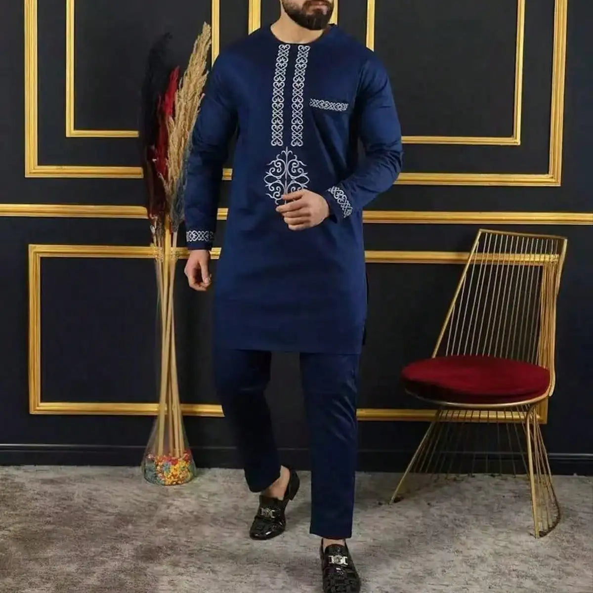 Costume traditionnel africain pour homme, chemise à manches longues de style ethnique imprimée et patchwork, pantalon décontracté, ensemble 2 pièces pour les vacances