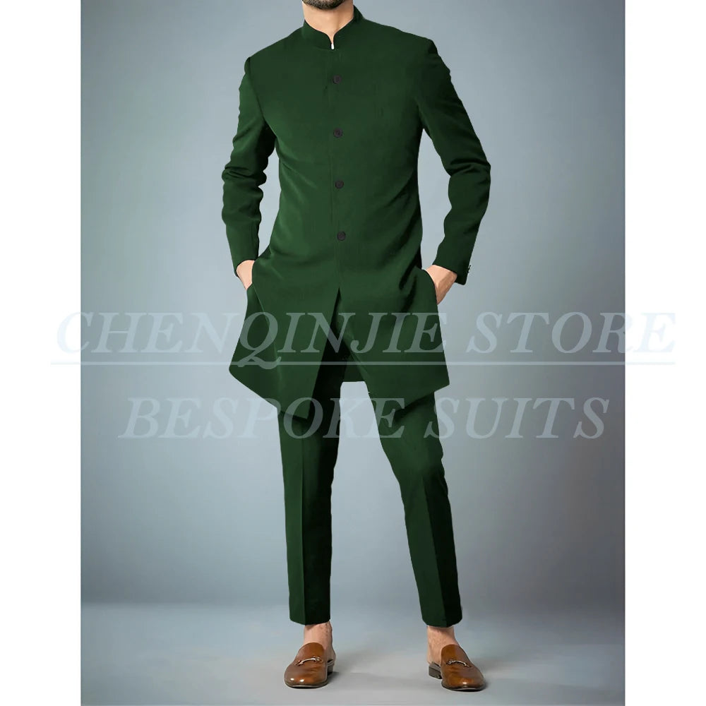 Costumes africains à simple boutonnage pour hommes, vêtements masculins de haute qualité, veste et pantalon, coupe couvertes, revers debout, bleu marine, tenues 2 pièces