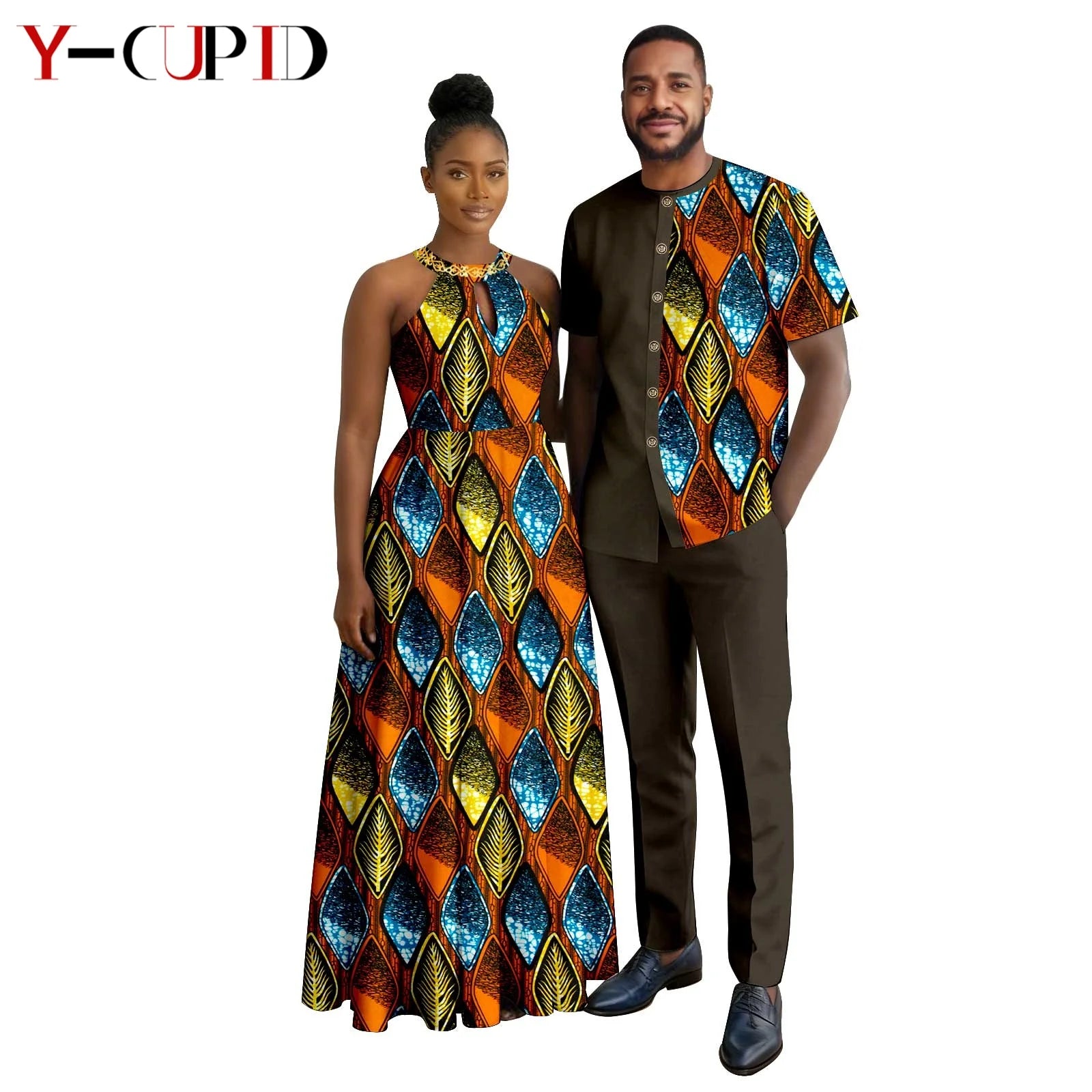 Robes africaines à imprimé Halter pour femmes, tenues assorties pour hommes, ensembles chemise et pantalon, vêtements de couple africains pour fête 26C005