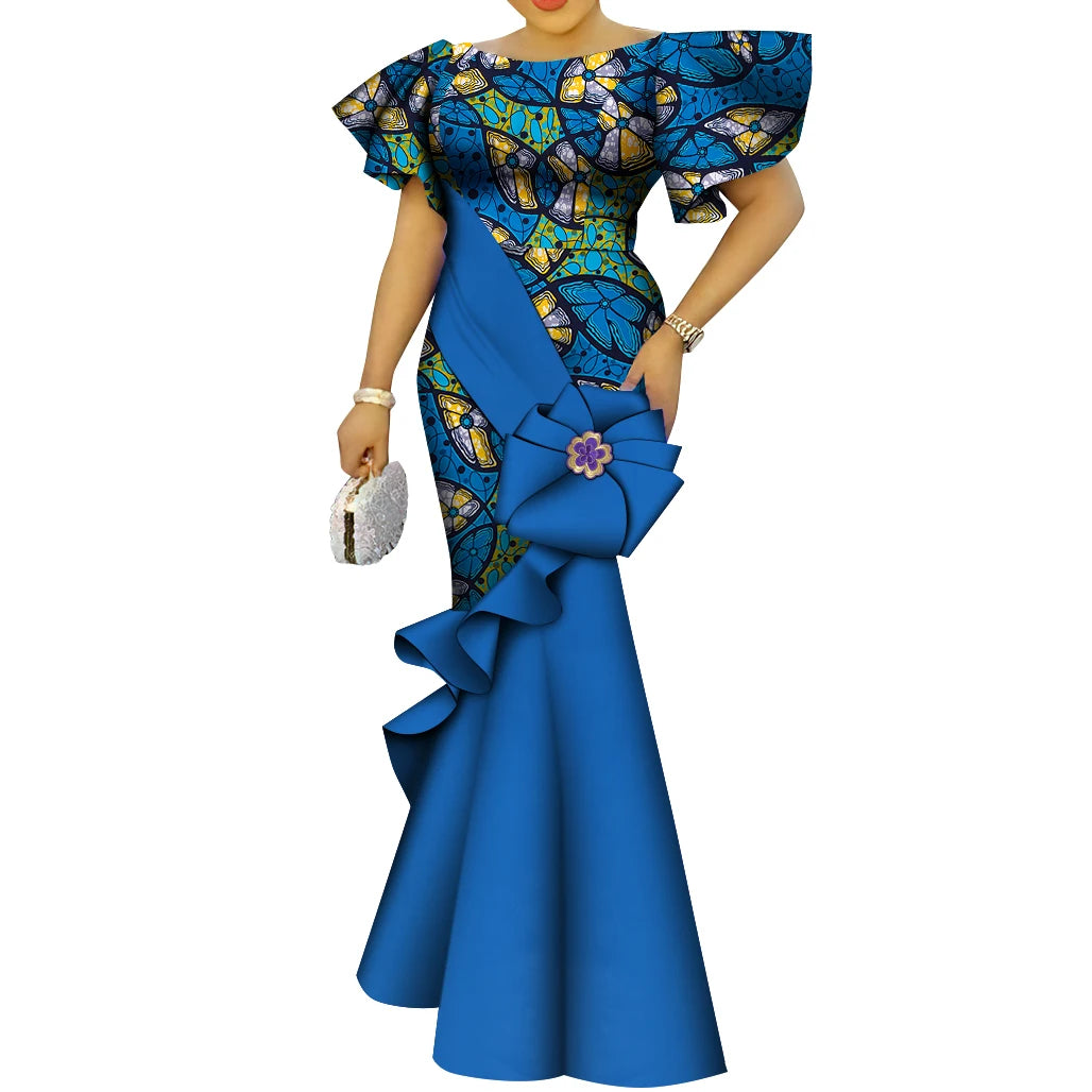 African Women's Dress Elegant Ladies Evening Gowns Ankara Long Robes Flower Dresses Vestidos Church Dresses for Women WY9498