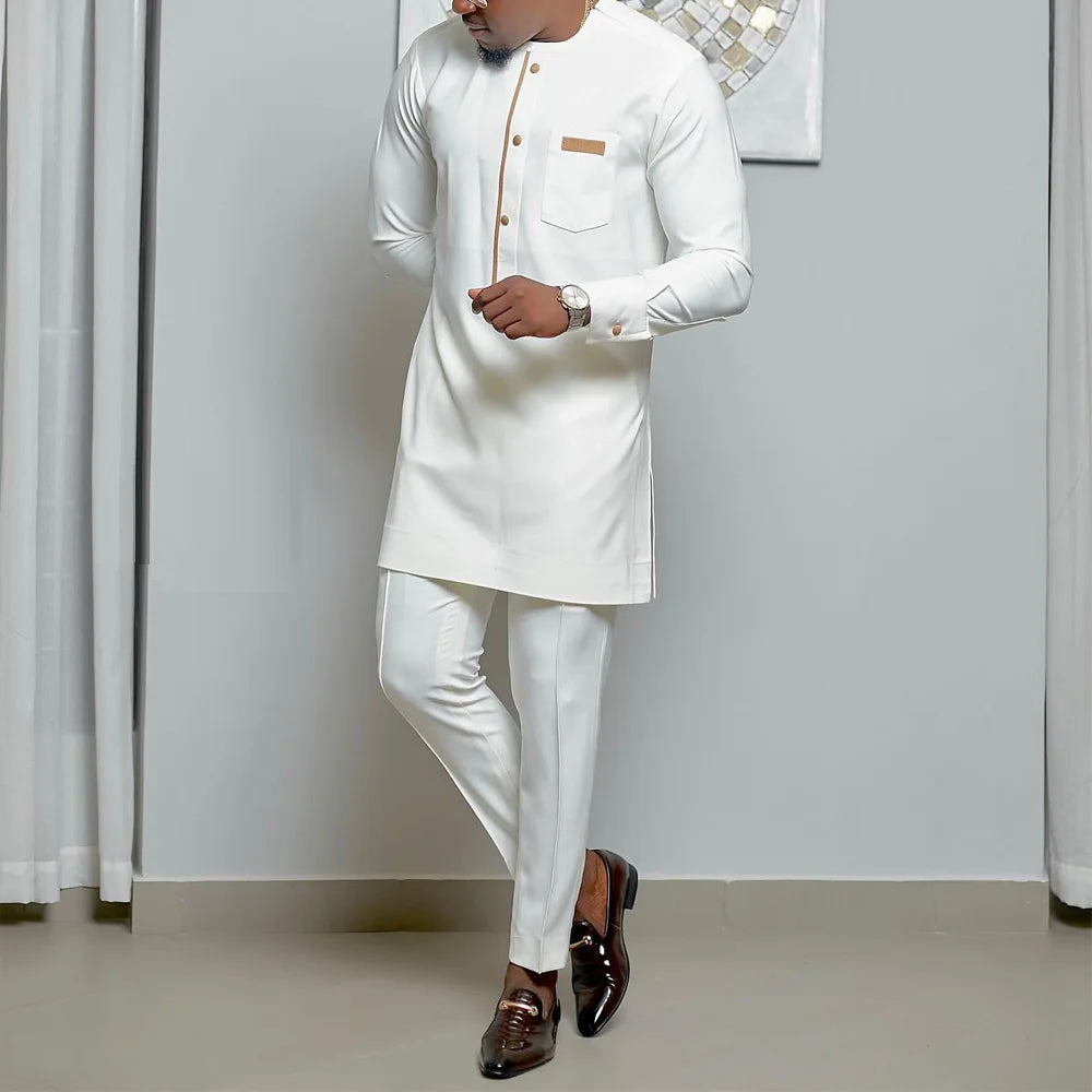 Ensemble Kaftan pour homme, costume Kaunda, haut à col rond à manches longues, pantalon, tenue traditionnelle africaine pour homme, ensemble de vêtements 2 pièces, ensembles de mariage, décontracté