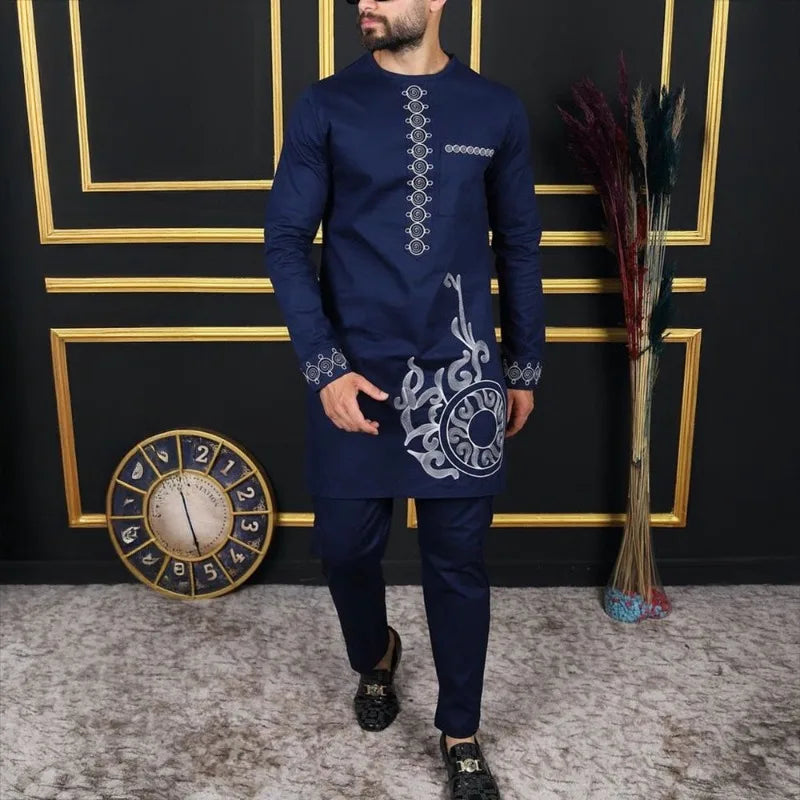 Costume de mariage traditionnel africain musulman pour homme, ensemble 2 pièces, haut à col rond à manches longues et pantalon, tenue formelle pour le marié118