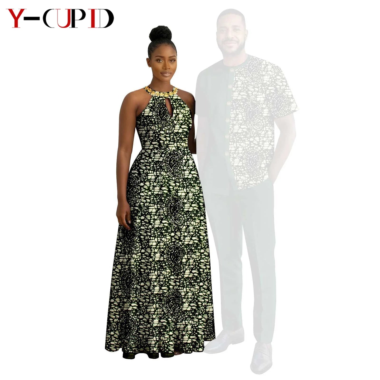 Robes africaines à imprimé Halter pour femmes, tenues assorties pour hommes, ensembles chemise et pantalon, vêtements de couple africains pour fête 26C005
