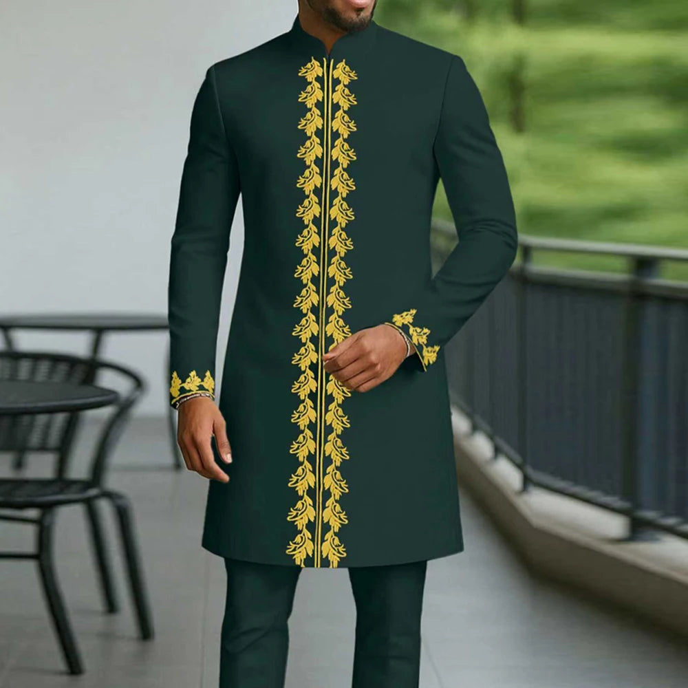 Ensemble Kaftan pour homme, costume Kaunda, haut à col rond à manches longues, pantalon, tenue traditionnelle africaine pour homme, ensemble de vêtements 2 pièces, ensembles de mariage, décontracté