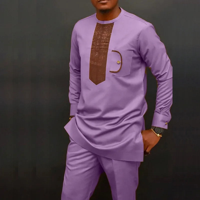 Costume de mariage traditionnel africain musulman pour homme, ensemble 2 pièces, haut à col rond à manches longues et pantalon, tenue formelle pour le marié118