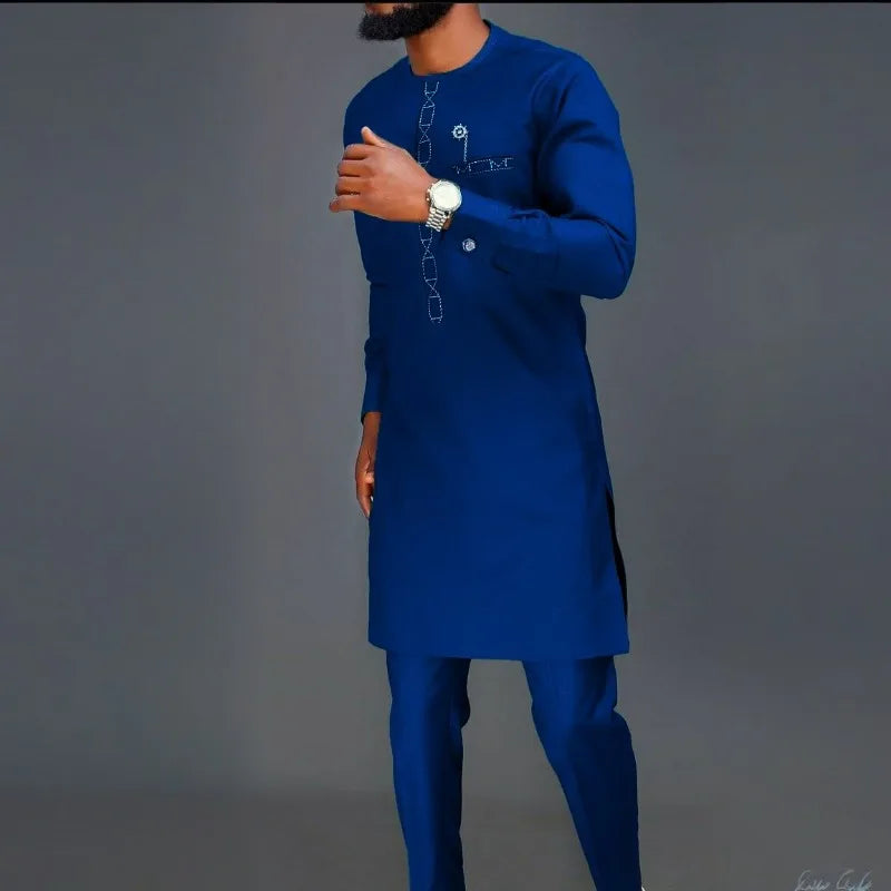 Costume de mariage traditionnel africain musulman pour homme, ensemble 2 pièces, haut à col rond à manches longues et pantalon, tenue formelle pour le marié118