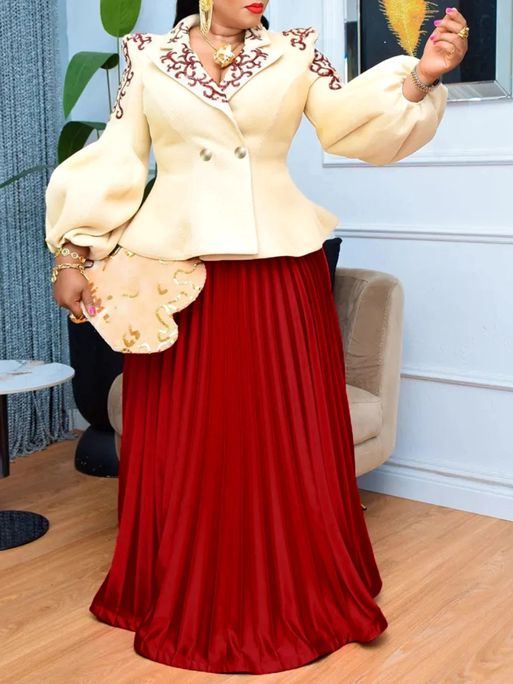 African Clothes For Women 2 Piece Matching Long Sleeve Tops And Pleated Skirt Suit Party Evening Dress Wedding Guest Attire Robe