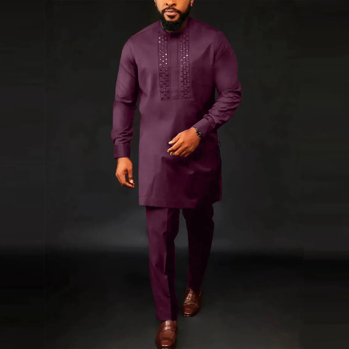 Ensemble 2 pièces ethnique africain pour hommes, décontracté, manches longues, couleur unie, chemise et pantalon, confortable, vêtements de détente, nouvelle collection automne 2024