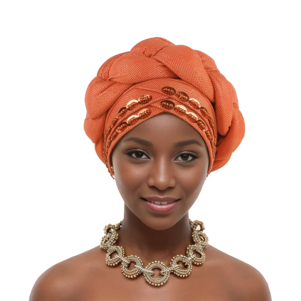 Auto Gele-Turban Africain pour Femme Musulmane, Cravate de Sauna, Chapeau Rond Plissé, Hijab Aso Oke NigWin, Foulard de Tête