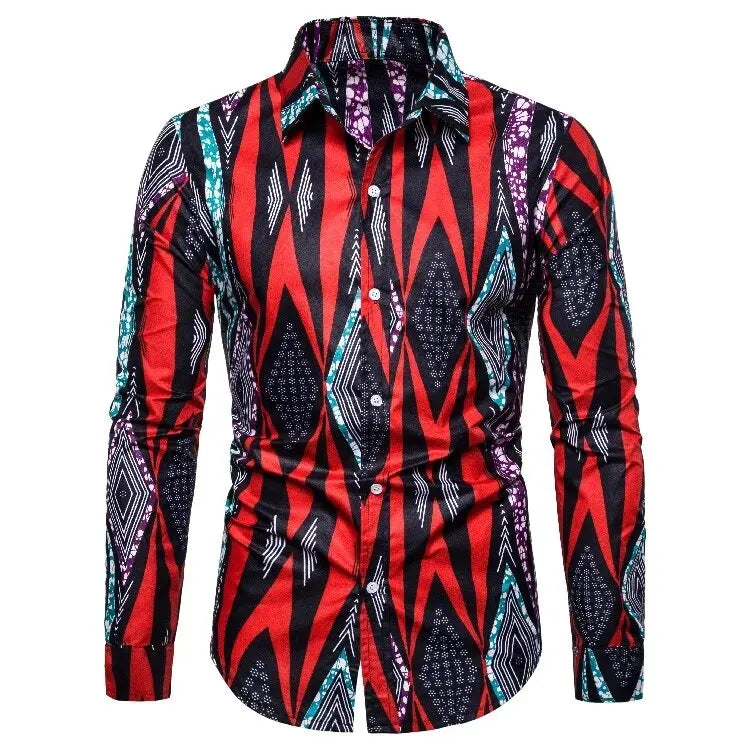 Chemises pour hommes imprimées traditionnelles africaines chemisiers décontractés à simple boutonnage chemise à manches longues Streetwear tendance hauts à revers vêtements pour hommes