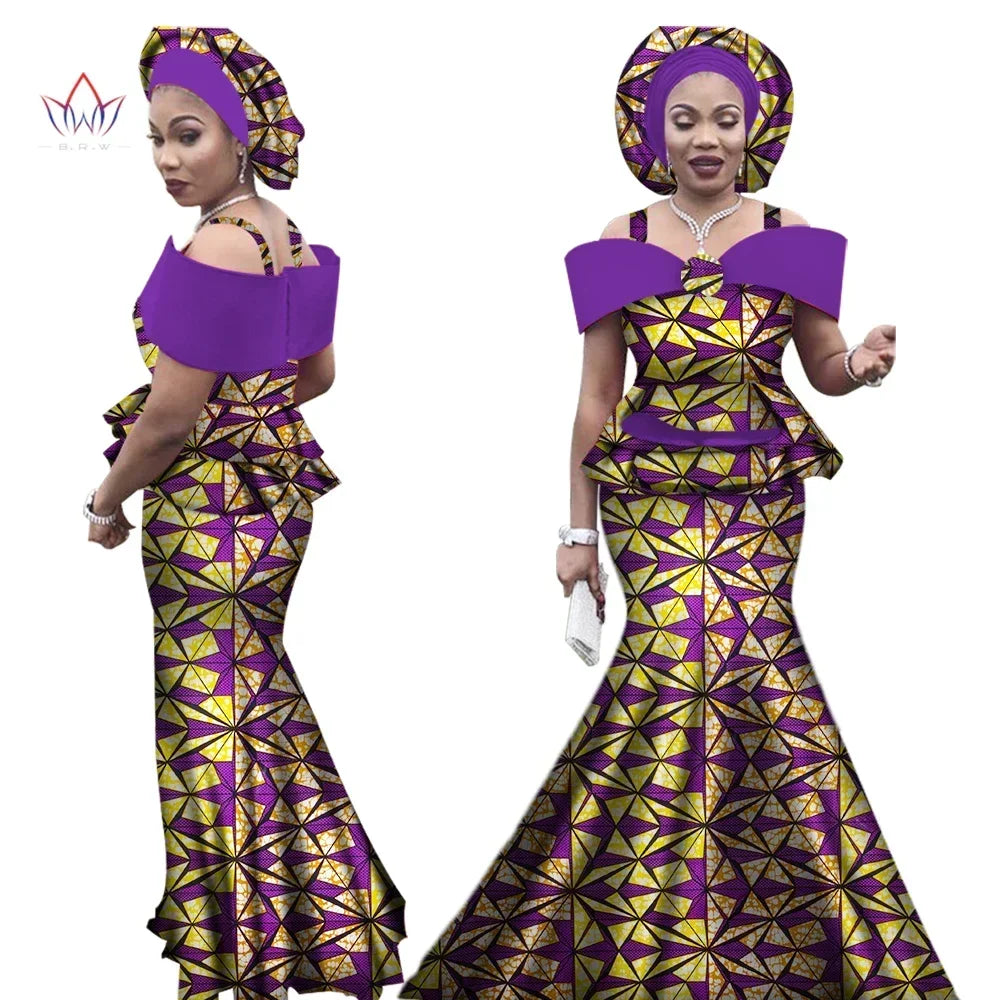 African Outfits with Headtie for Women Dashiki Bazin Print Strap Tops and Long Skirts Women Set African Clothing WY3113