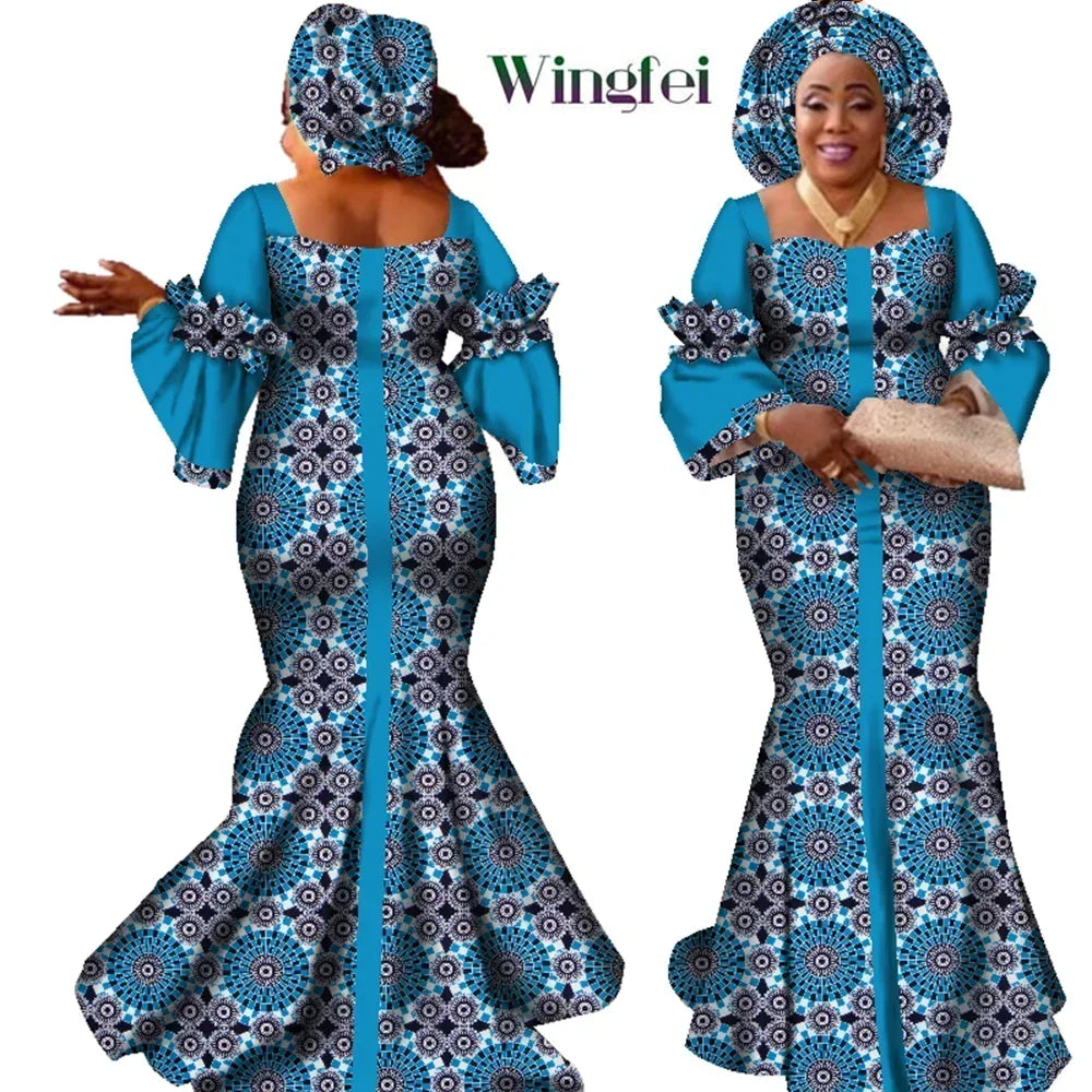 African Dresses for Women Fashion Design New African Bazin Fashion Design Dress Long Dress with Scarf African Clothes WY2347