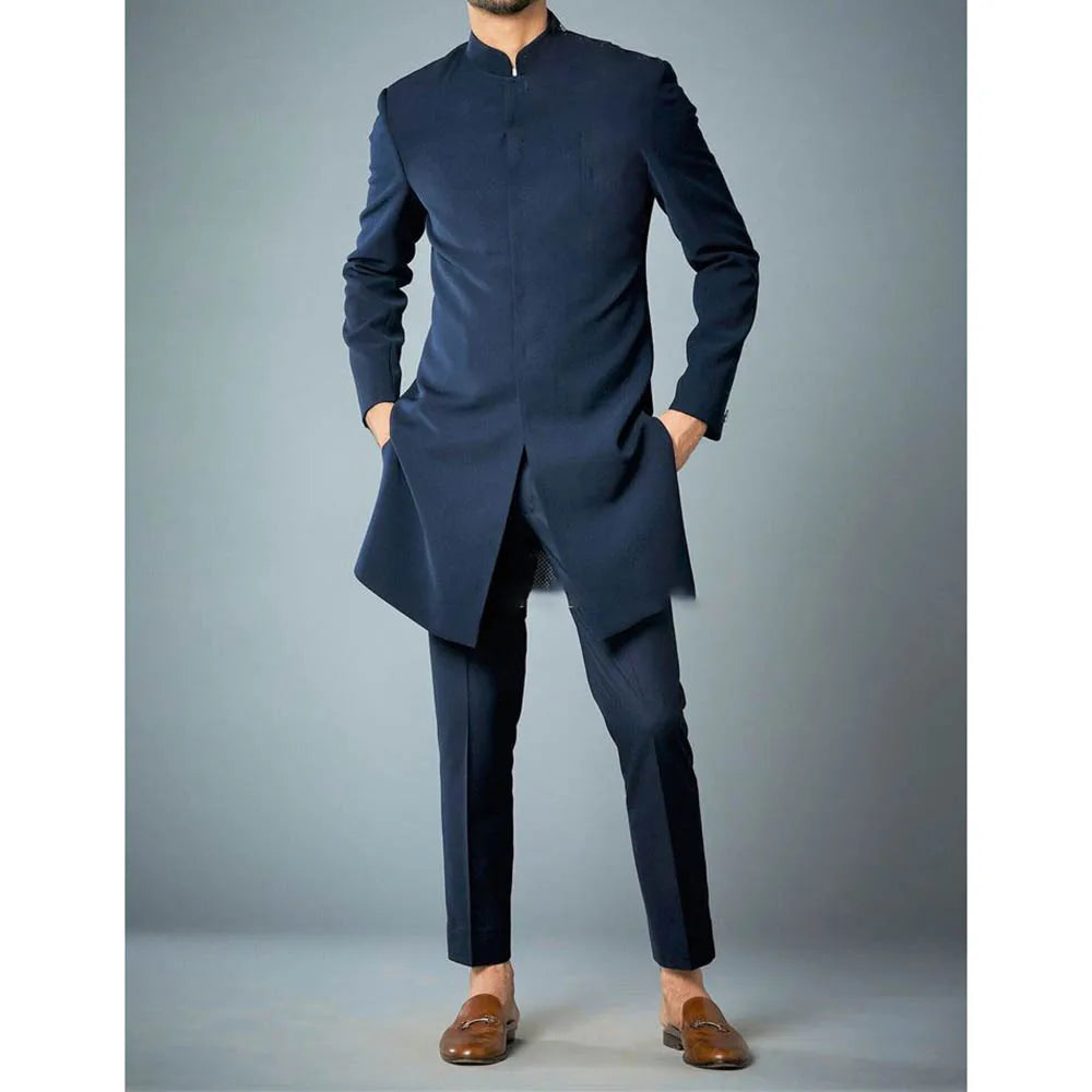 Costumes africains à simple boutonnage pour hommes, vêtements masculins de haute qualité, veste et pantalon, coupe couvertes, revers debout, bleu marine, tenues 2 pièces