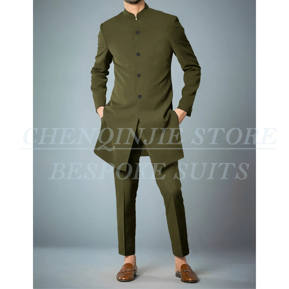 Costumes africains à simple boutonnage pour hommes, vêtements masculins de haute qualité, veste et pantalon, coupe couvertes, revers debout, bleu marine, tenues 2 pièces