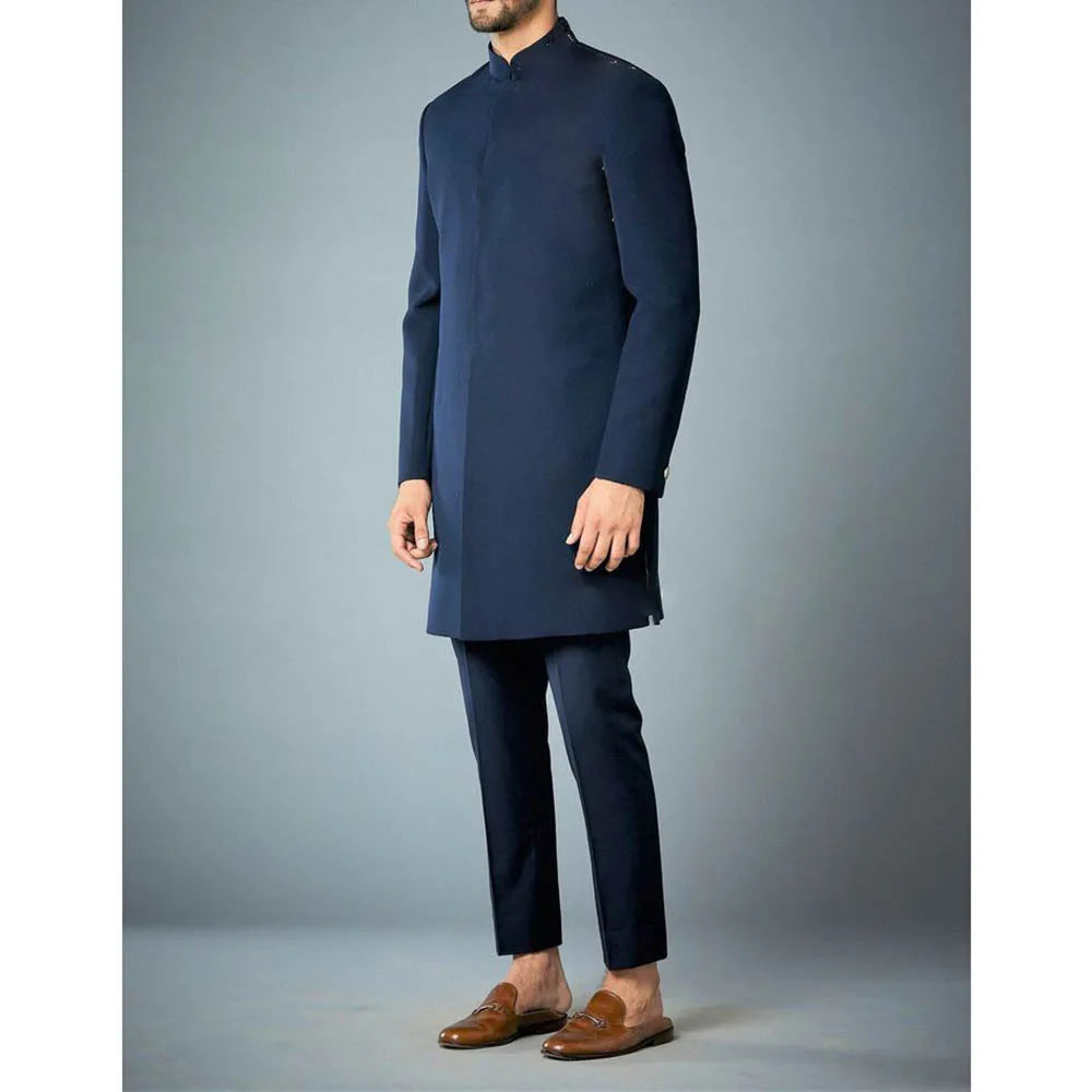 Costumes africains à simple boutonnage pour hommes, vêtements masculins de haute qualité, veste et pantalon, coupe couvertes, revers debout, bleu marine, tenues 2 pièces