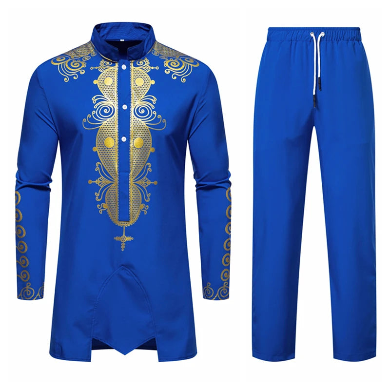 Ensemble de Robe imprimé africain à col montant pour hommes, noir/blanc, tenue de chef Tribal du moyen-orient de saphir, haut + pantalon, 2 pièces, 2026