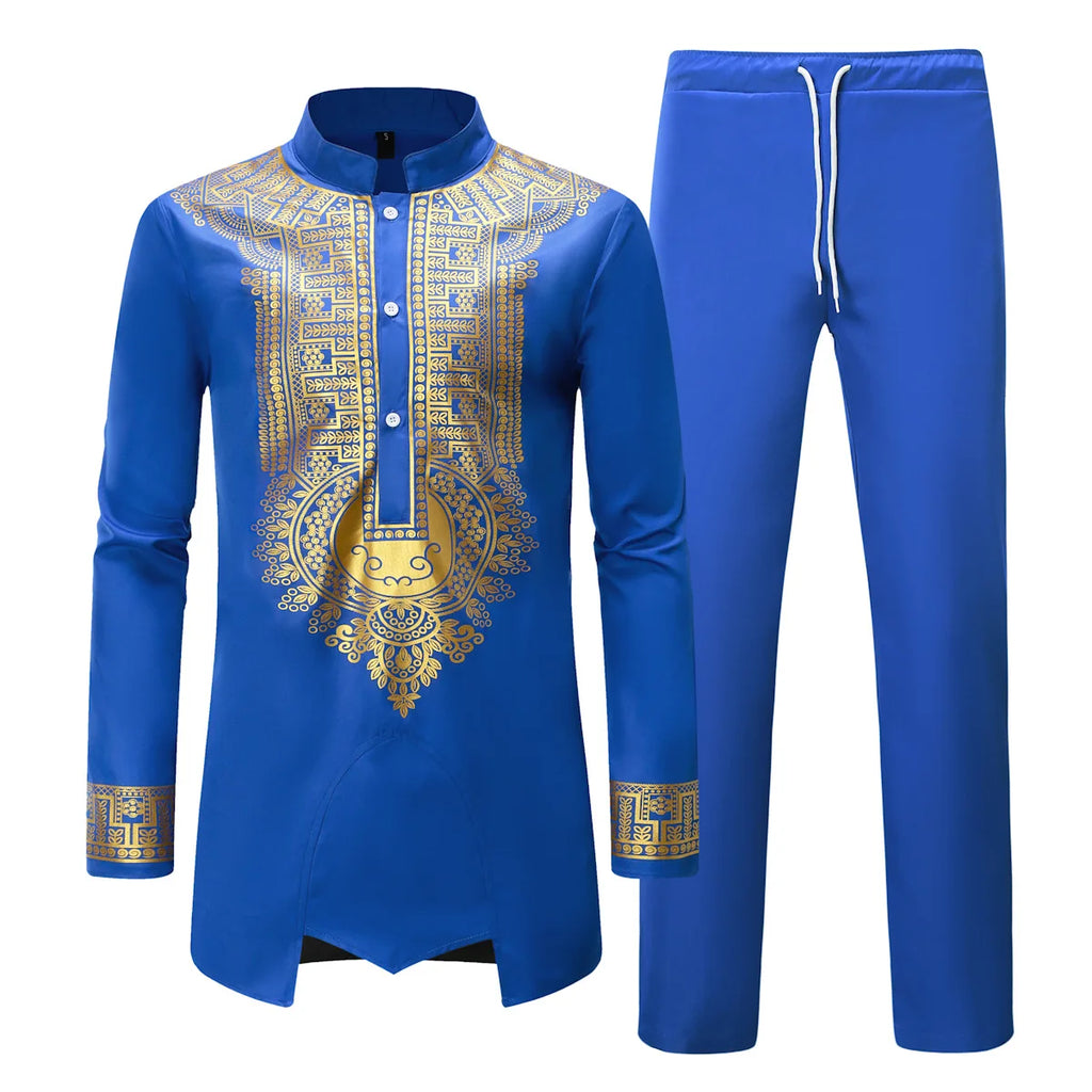 Ensemble chemise et pantalon pour hommes africains, 2 pièces, imprimé en métal, manches longues, Kaftan Dashiki, uniforme traditionnel africain, Costume décontracté à la mode