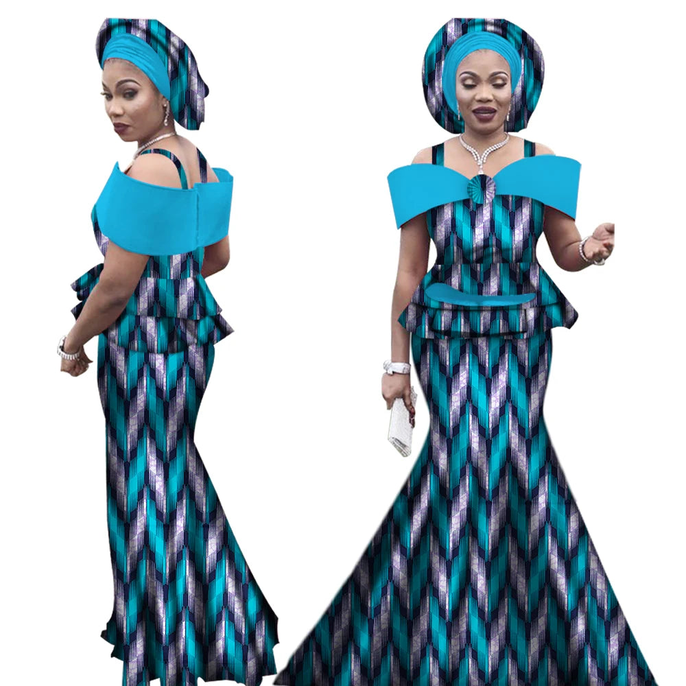 African Outfits with Headtie for Women Dashiki Bazin Print Strap Tops and Long Skirts Women Set African Clothing WY3113