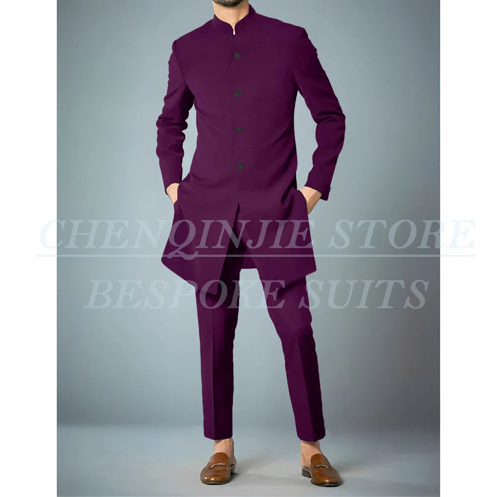Costumes africains à simple boutonnage pour hommes, vêtements masculins de haute qualité, veste et pantalon, coupe couvertes, revers debout, bleu marine, tenues 2 pièces