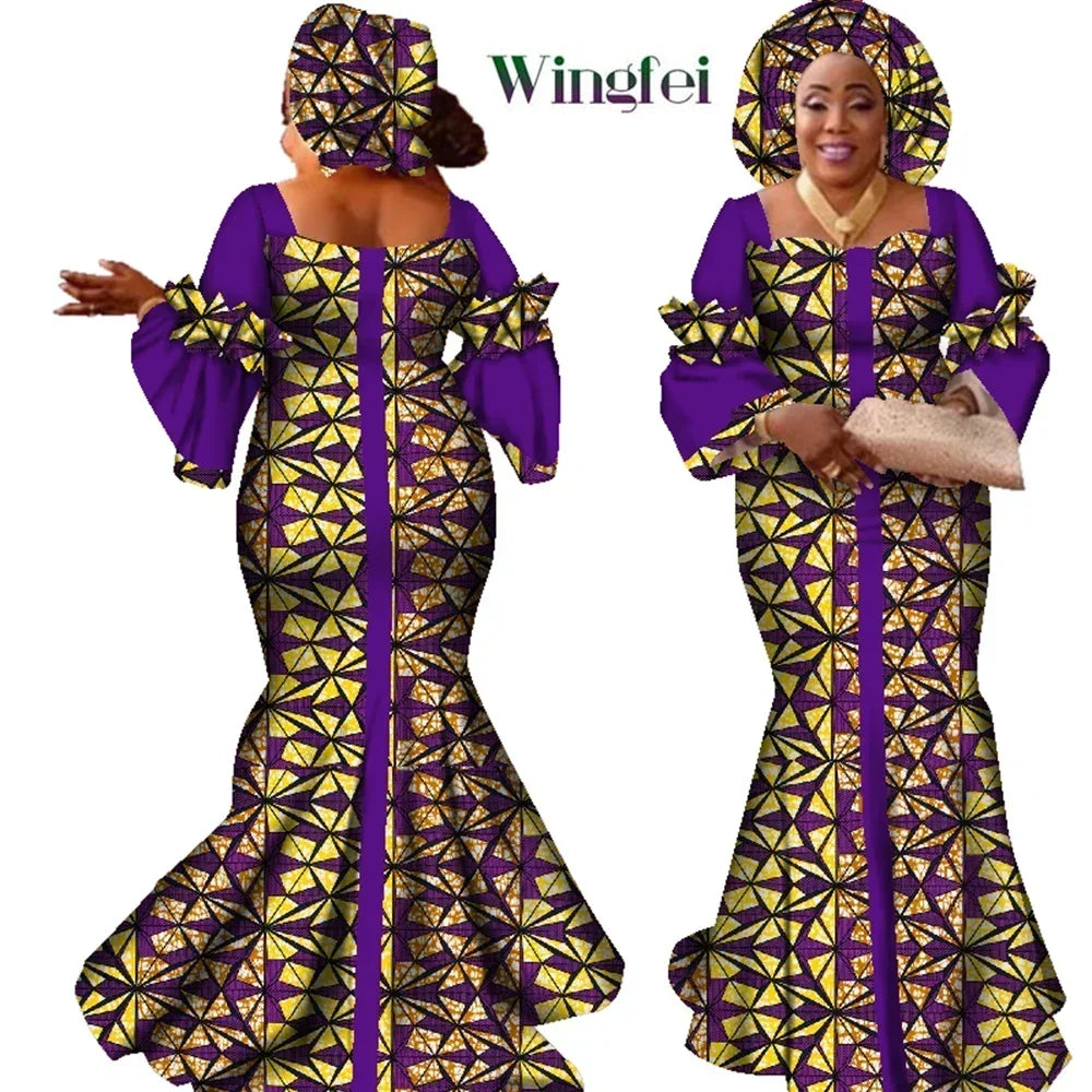 African Dresses for Women Fashion Design New African Bazin Fashion Design Dress Long Dress with Scarf African Clothes WY2347