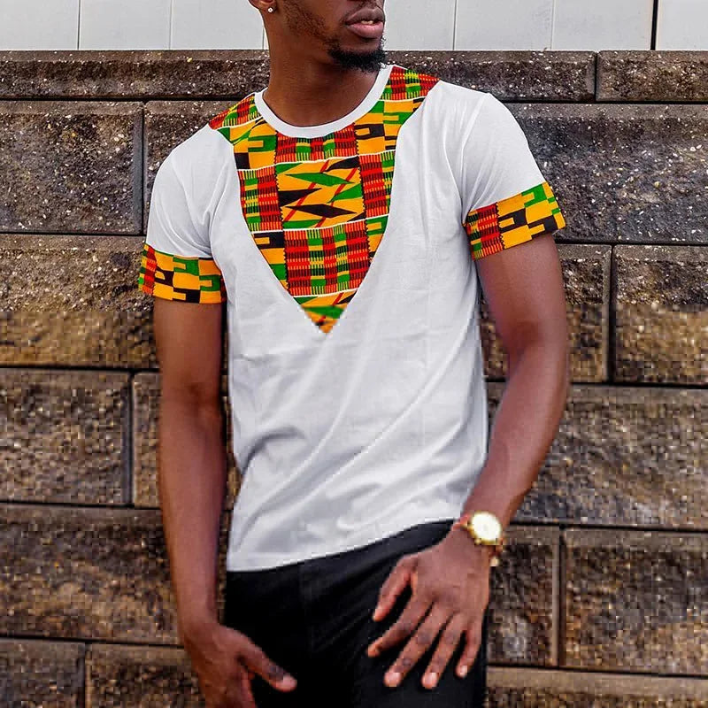 T-Shirt à manches courtes pour hommes, motif Kente africain, noir, coupe cintrée, ethnique, décontracté, haut tendance