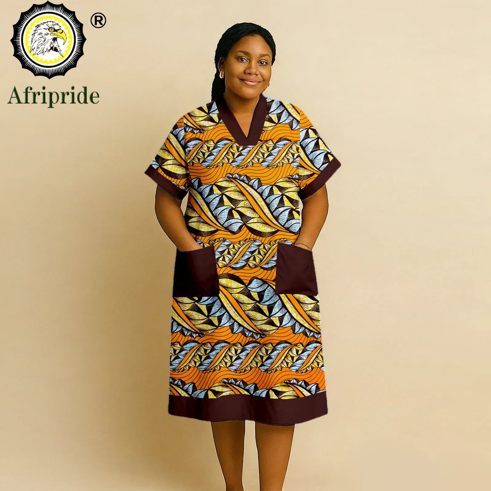 African Dresses for Women Short Sleeve V-Neck High Waist Pocket Elegant Fashion Ankara Attire Floral Printed Dresses 2625032