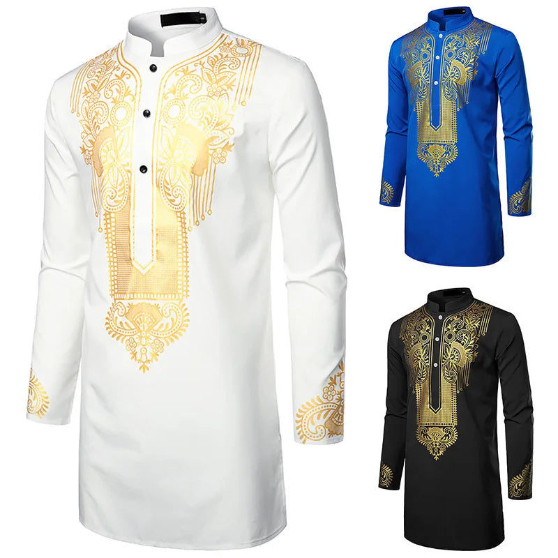 Abaya islamique arabe pour hommes Robe imprimé ethnique col montant chemise mi-longue pour jeunes manteau de luxe vêtements décontractés pour hommes musulmans à la mode