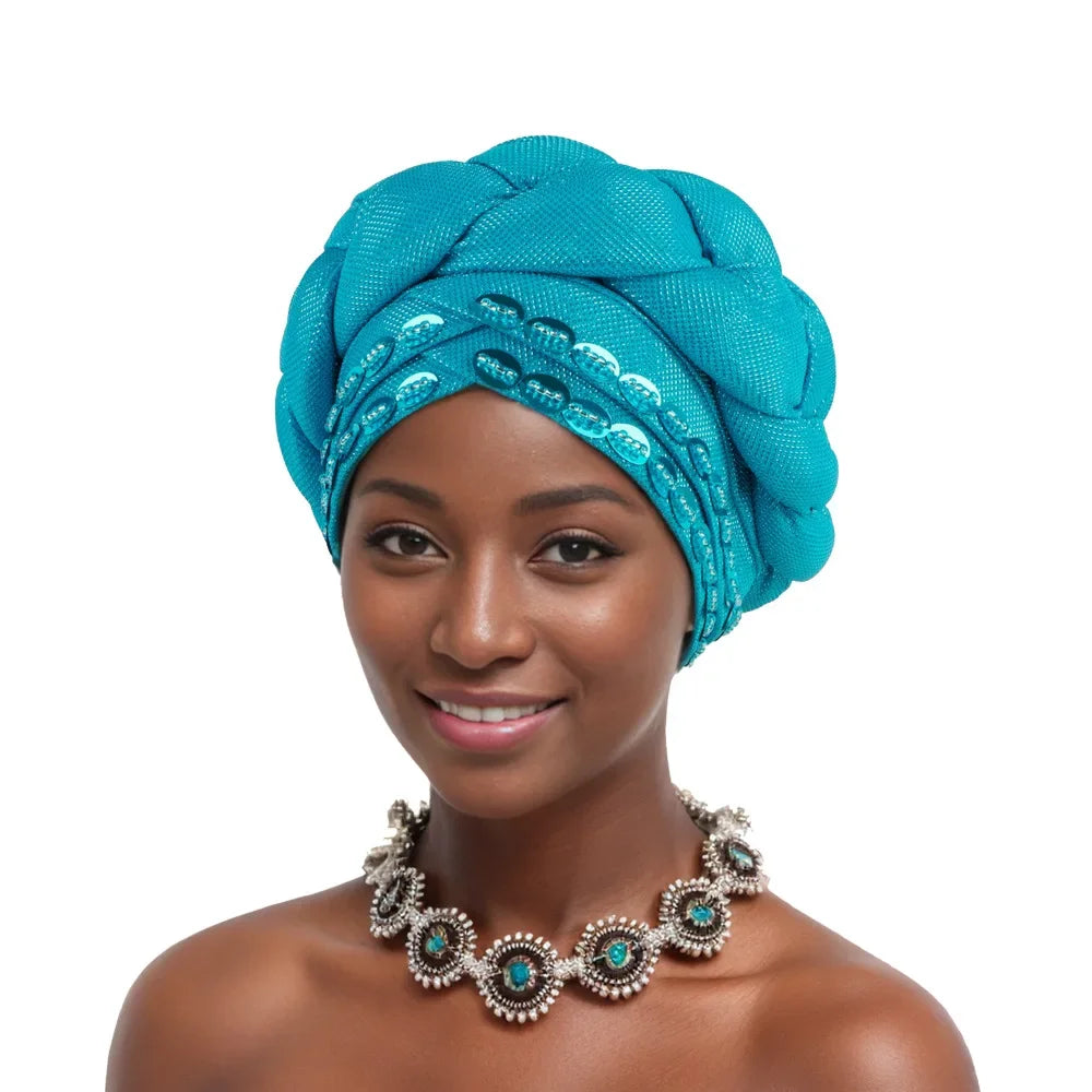 Auto Gele-Turban Africain pour Femme Musulmane, Cravate de Sauna, Chapeau Rond Plissé, Hijab Aso Oke NigWin, Foulard de Tête