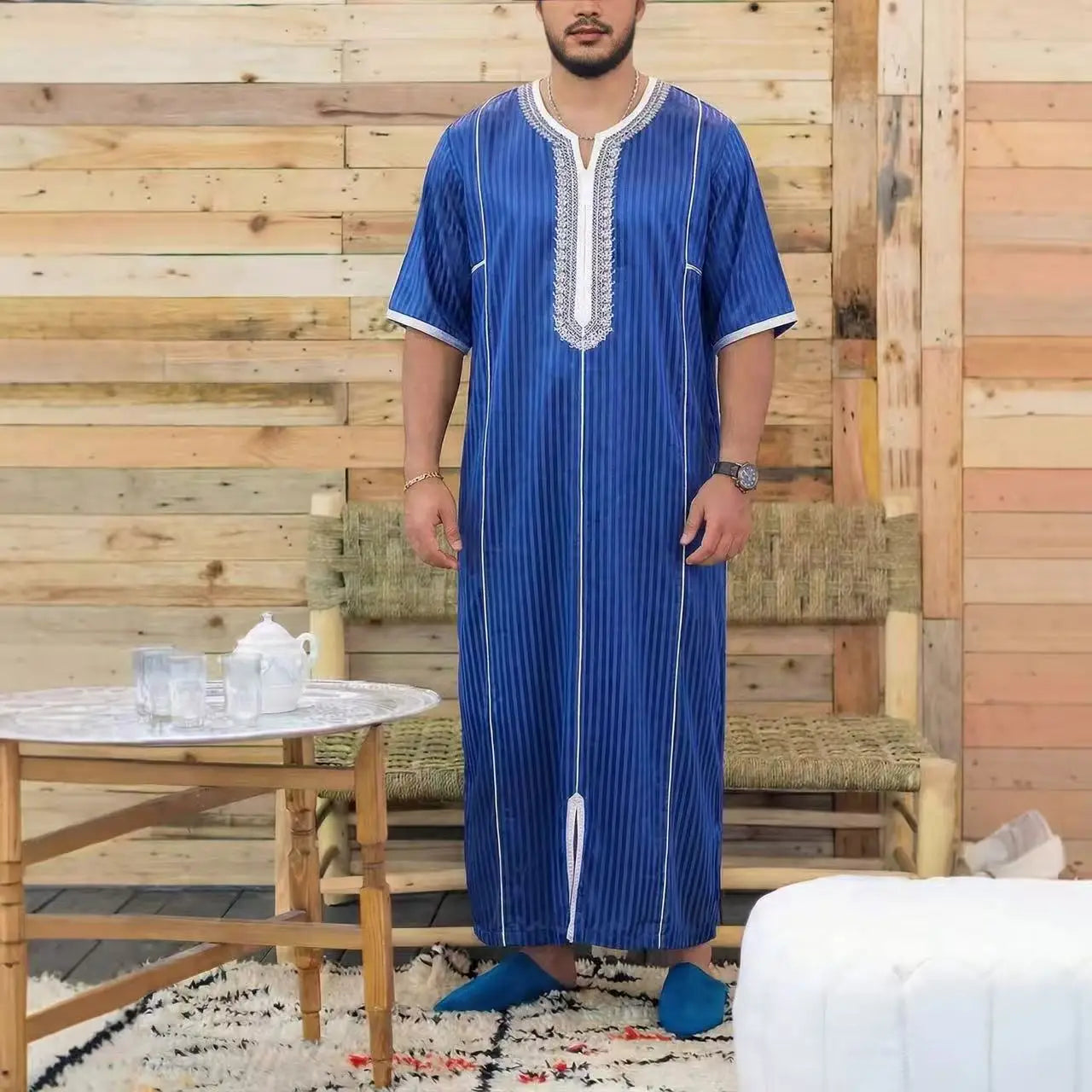 Gandoura marocaine pour hommes musulmans, thobe ample à manches courtes, broderie magnifique, vêtements traditionnels islamiques confortables pour hommes, pour les fêtes