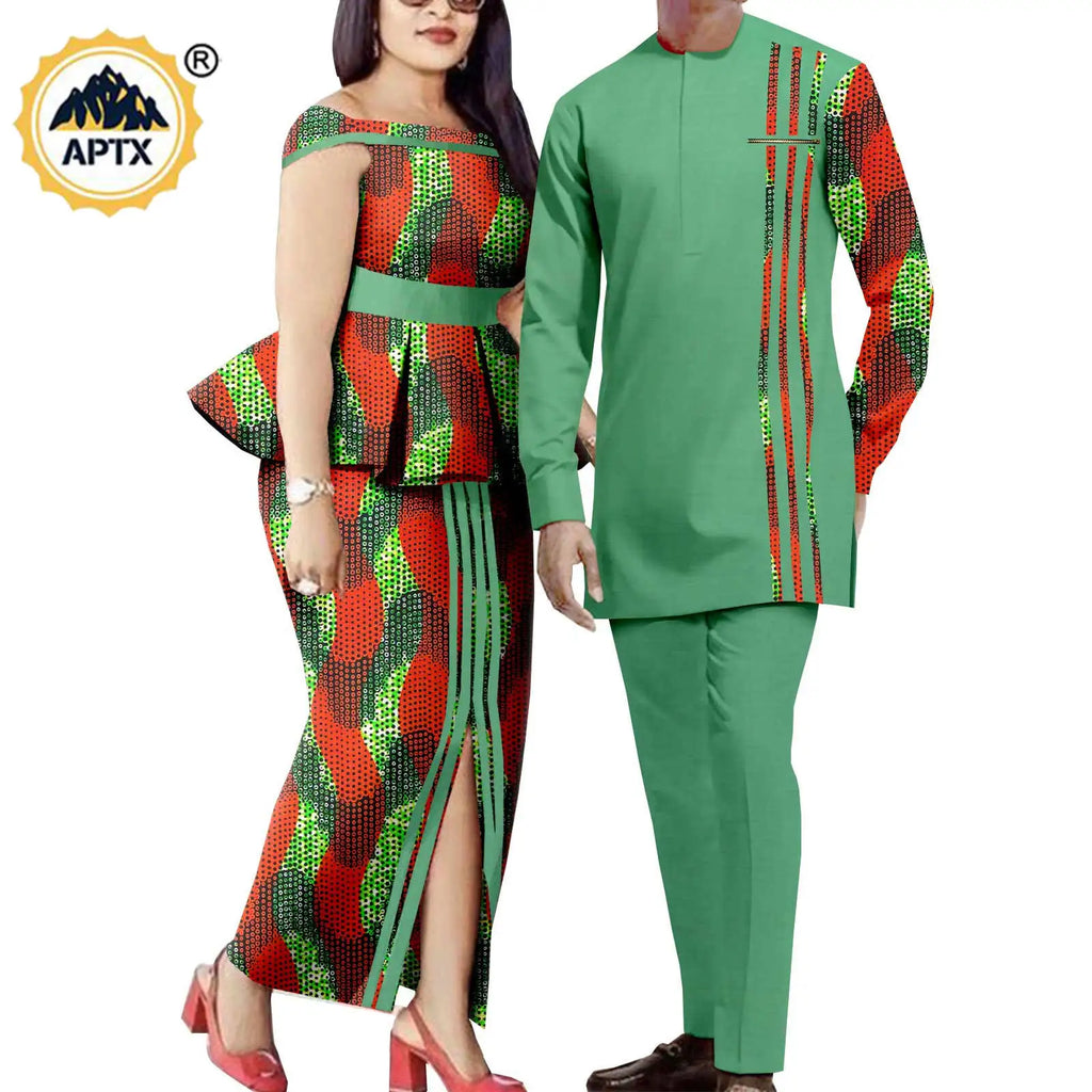 Tenues de couple assorties pour hommes, ensembles chemises et pantalons, robes africaines Dashiki pour femmes, haut et jupes fendues pour mariage, Y23C006