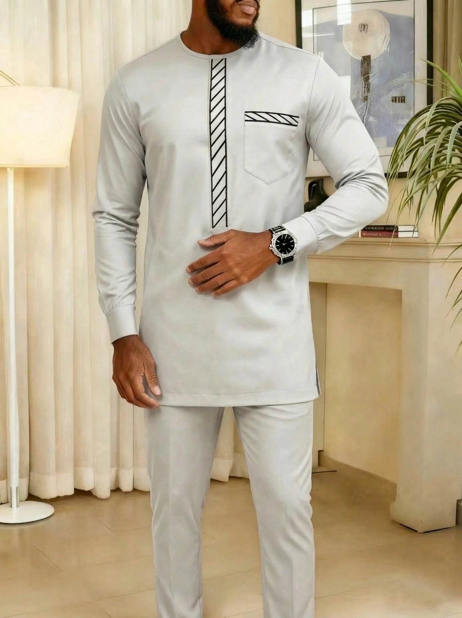 Costume traditionnel africain pour homme, chemise à manches longues de style ethnique imprimée et patchwork, pantalon décontracté, ensemble 2 pièces pour les vacances