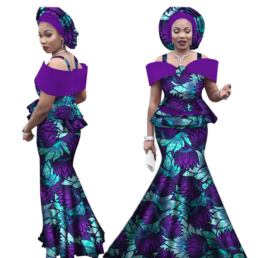 African Outfits with Headtie for Women Dashiki Bazin Print Strap Tops and Long Skirts Women Set African Clothing WY3113