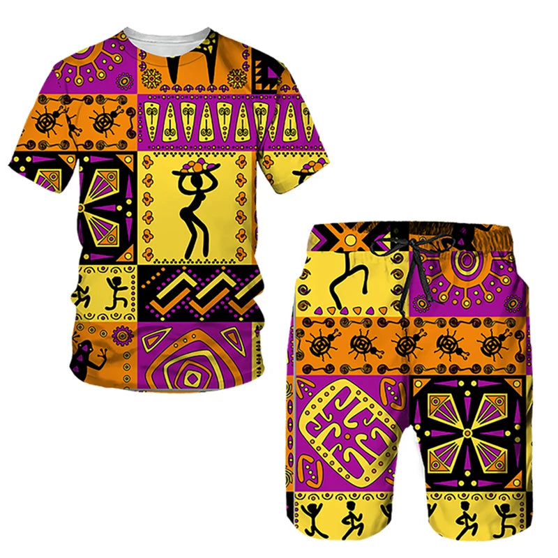 Ensembles de t-shirts et shorts College en 3D de style ethnique africain pour hommes, mode décontractée, t-shirt à manches courtes, olympiques pantalons, vêtements respirants